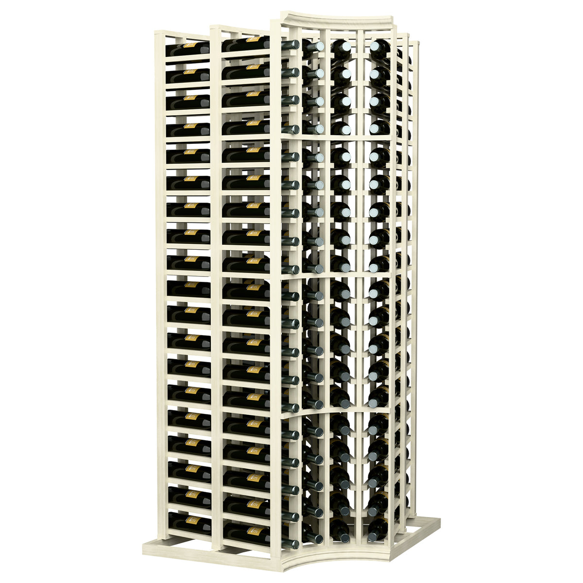 4-column curved corner double-deep wine bottle rack, white wood with curved base