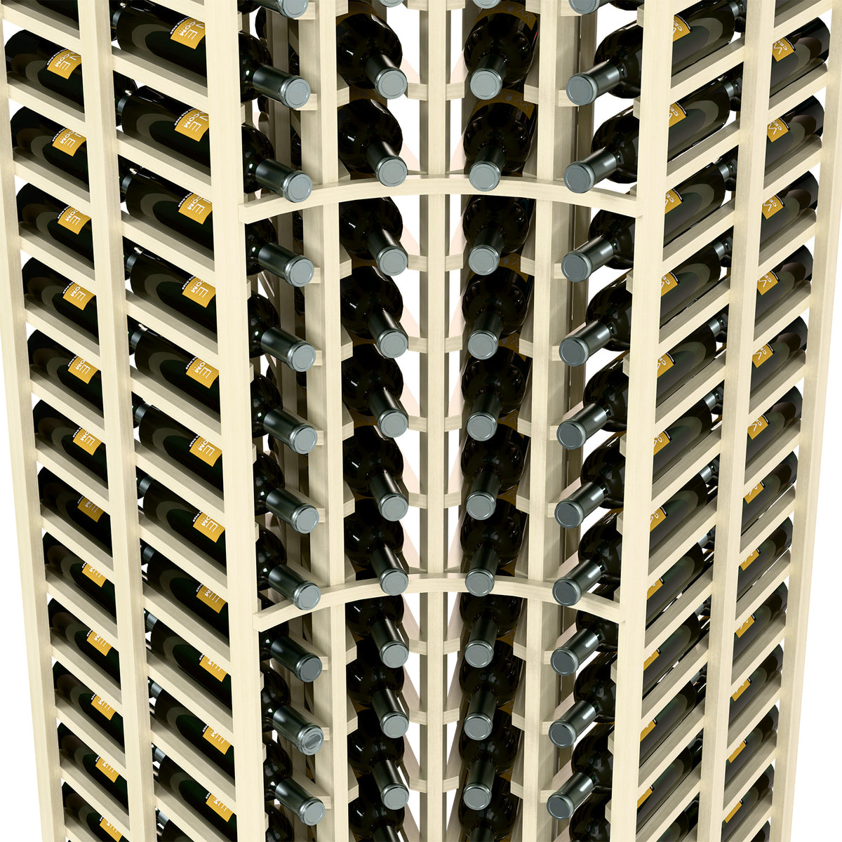 Wine bottle rack interior with white dividers and bottles in double-deep slots