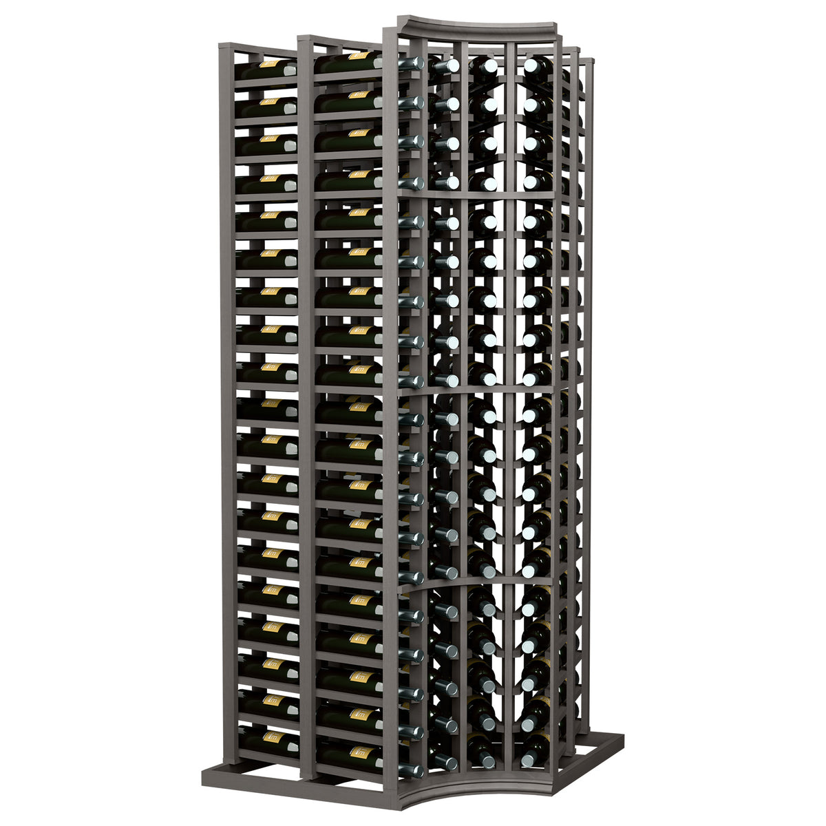 4-column curved corner double deep wine bottle rack in dark stained wood, 6 ft tall