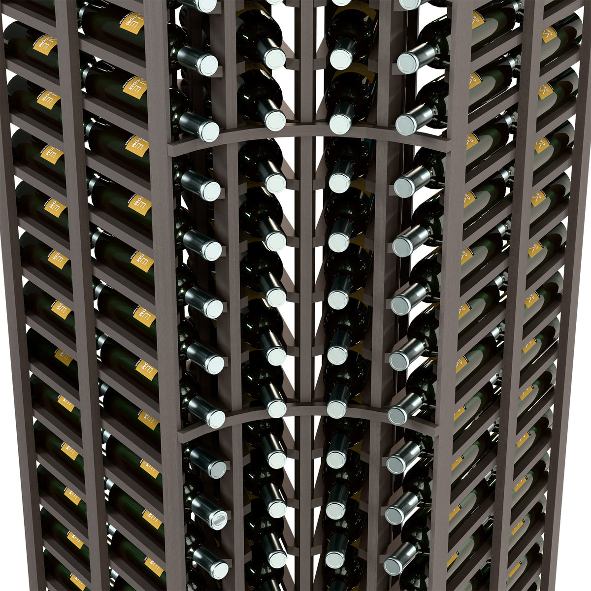 Close-up of dark wood wine bottle rack with curved shelves holding bottles