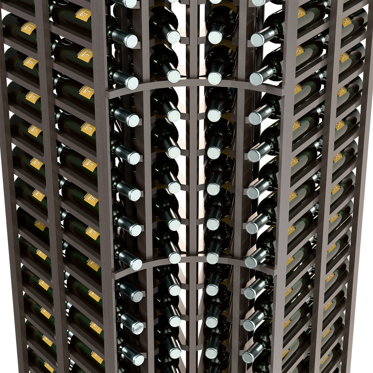Front view of dark wine bottle rack with curved corner shelves and bottle slots
