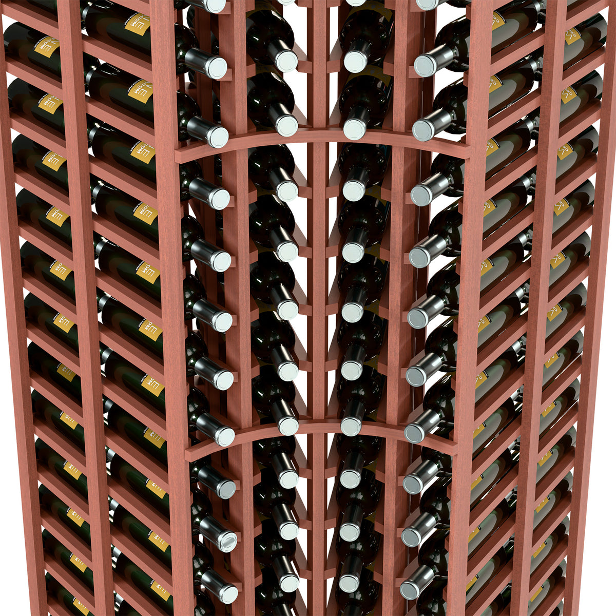 Close-up of reddish wood wine bottle rack holding bottles in curved corner slots