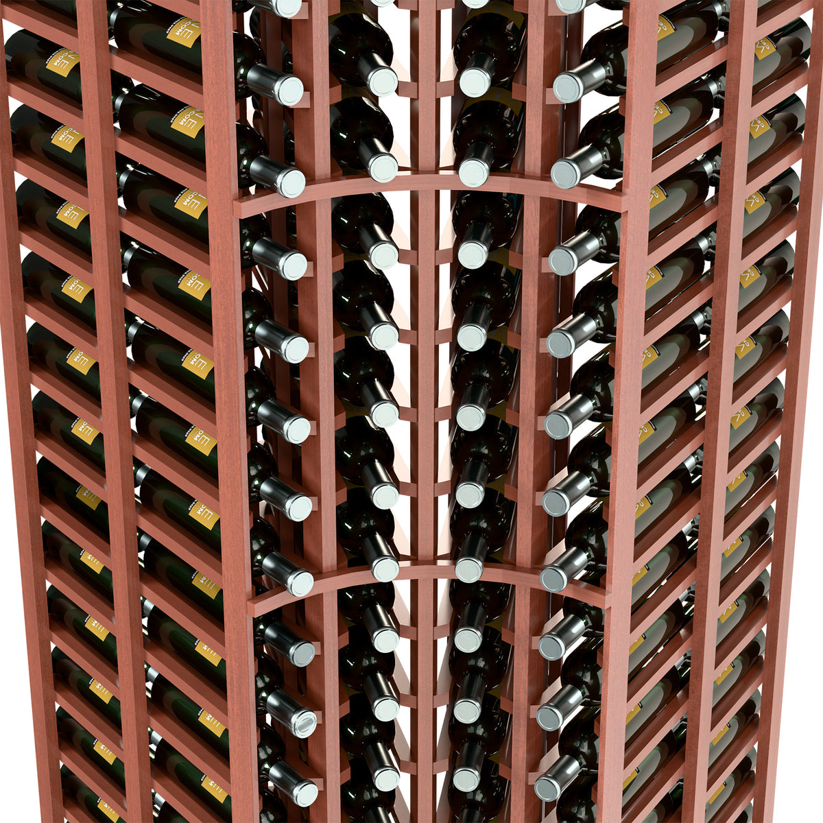 Front close-up of reddish wine bottle rack with curved shelves and bottle holders