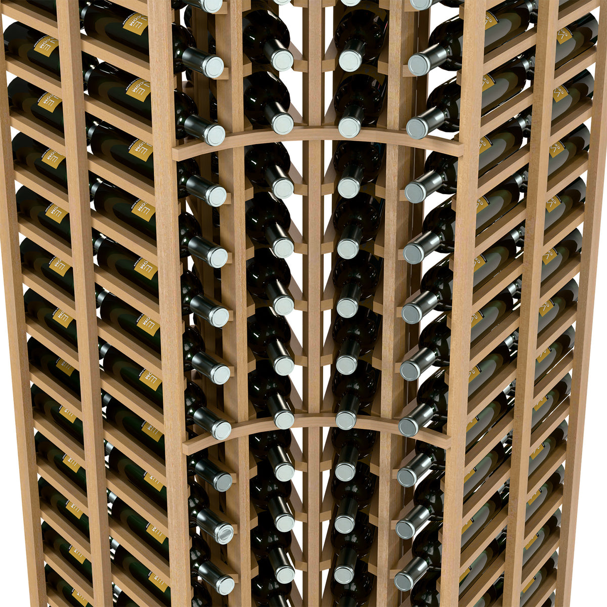 Close-up of light wood wine bottle rack with curved shelves holding wine bottles