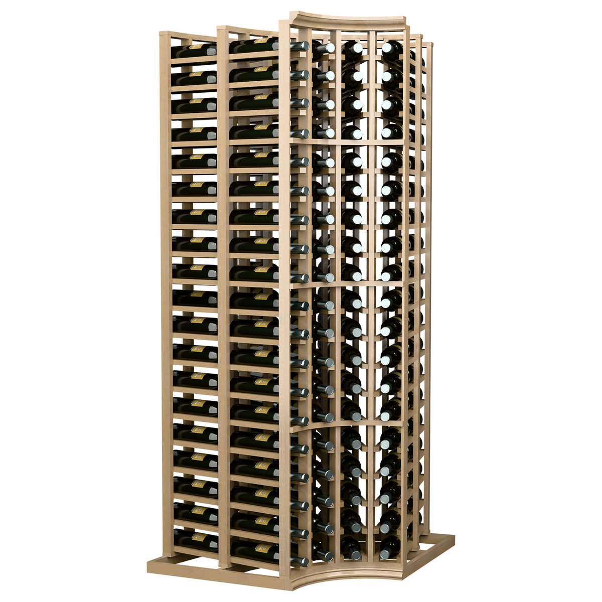 4-column curved-corner double-deep wine rack with bottle cradles, light wood frame
