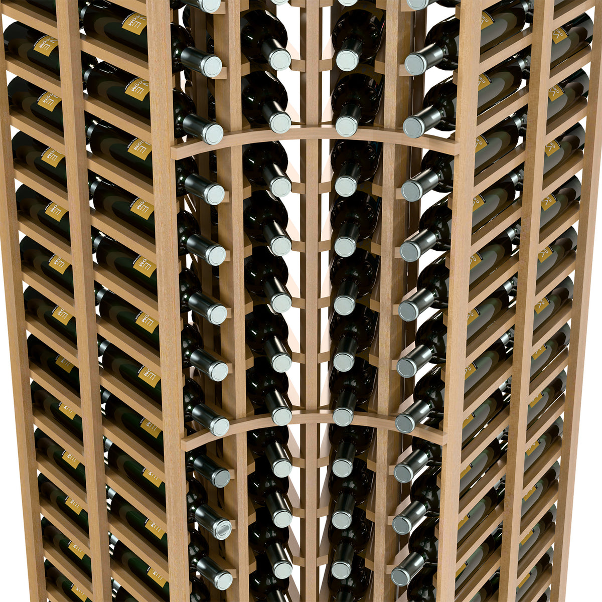 Double-deep wine rack close-up with bottle cradles and partitions, light wood frame