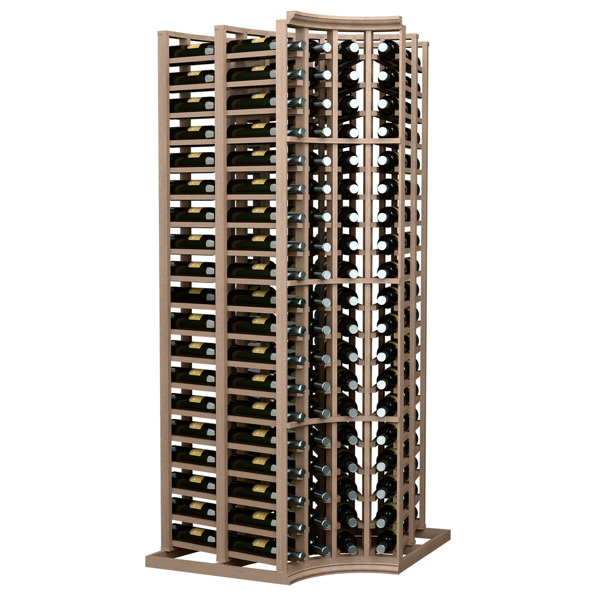4-column curved-corner double-deep wine rack with bottle cradles, light wood frame