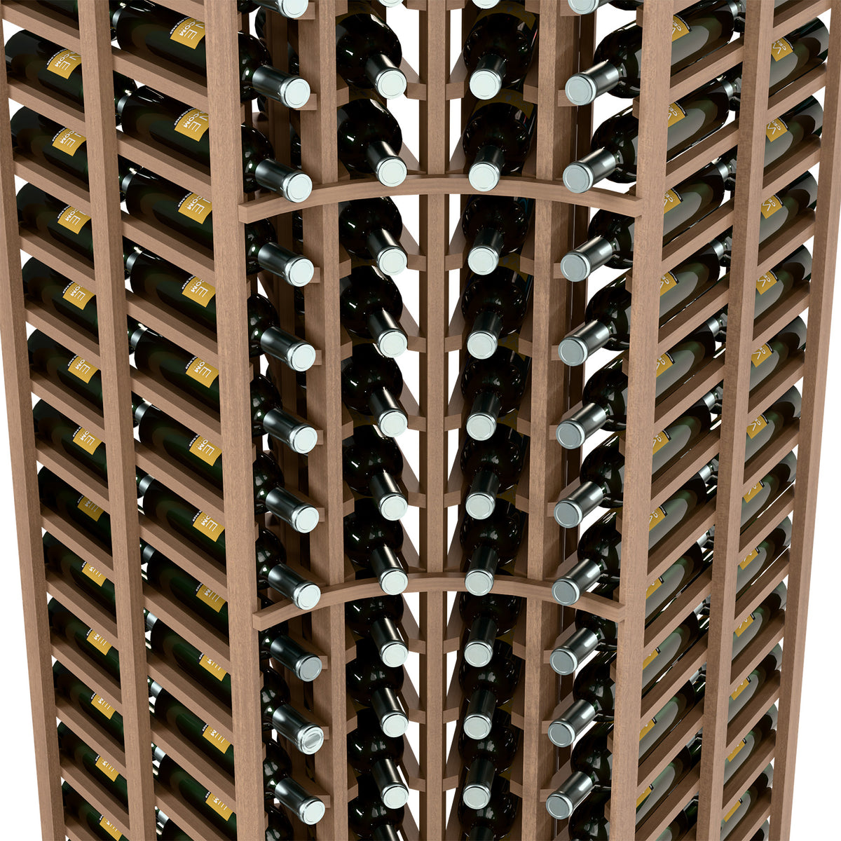 Double-deep wine rack close-up with bottle cradles and dividers, light wood frame