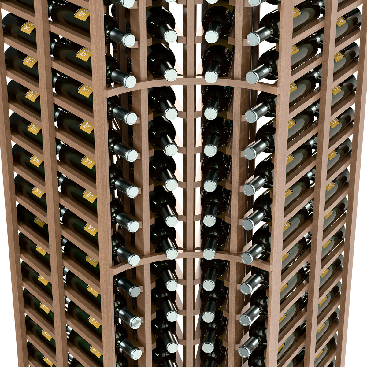 Double-deep wine rack close-up showing bottle cradles, light wood frame