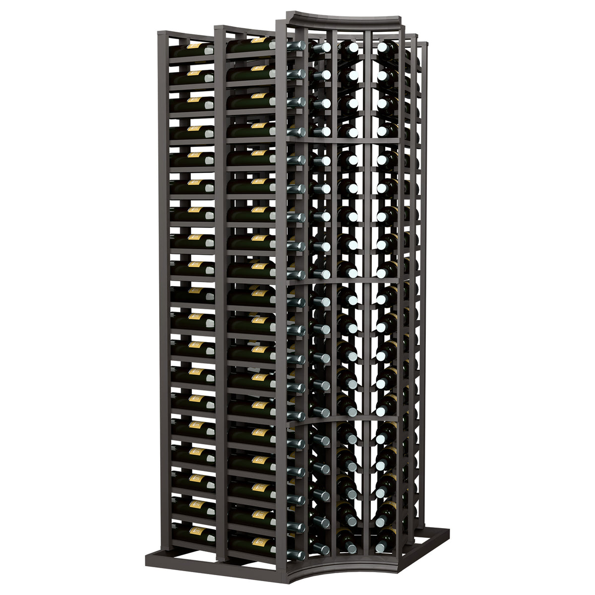 4-column curved-corner double-deep wine rack with bottle cradles, dark wood frame