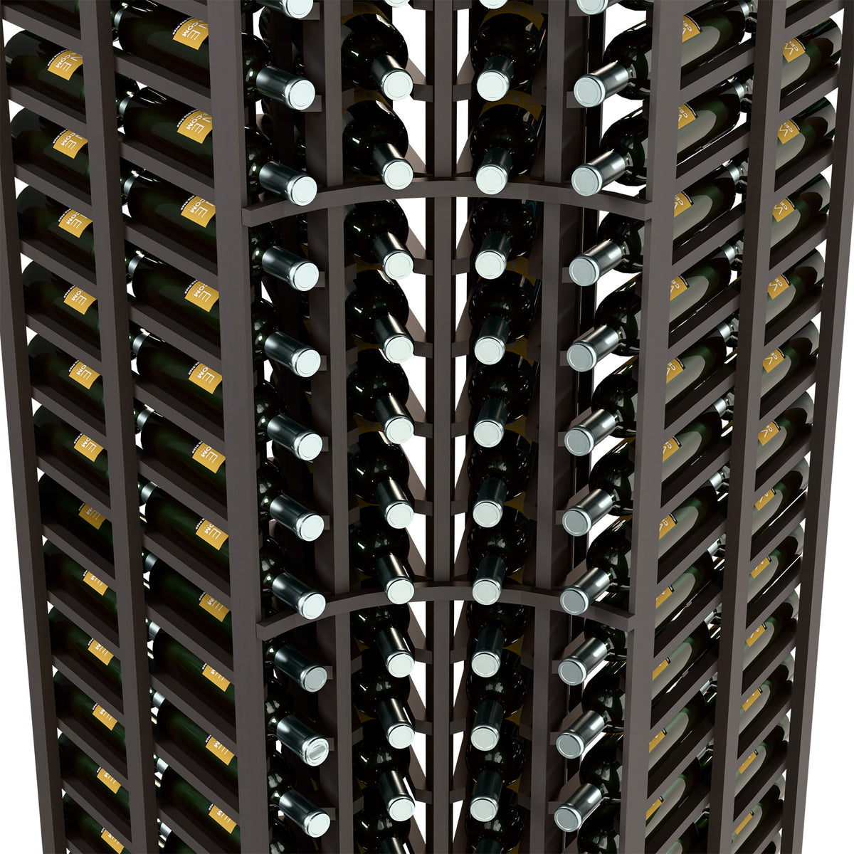 Double-deep wine rack close-up with bottle cradles and dividers, dark wood frame