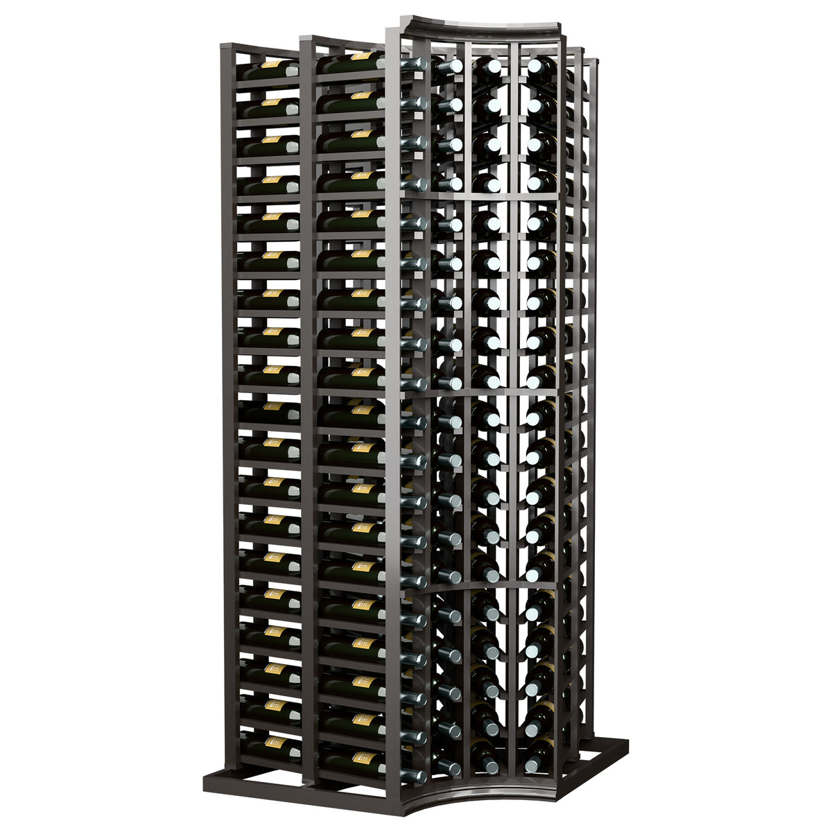 4-column curved-corner double-deep wine rack with bottle cradles, dark wood frame