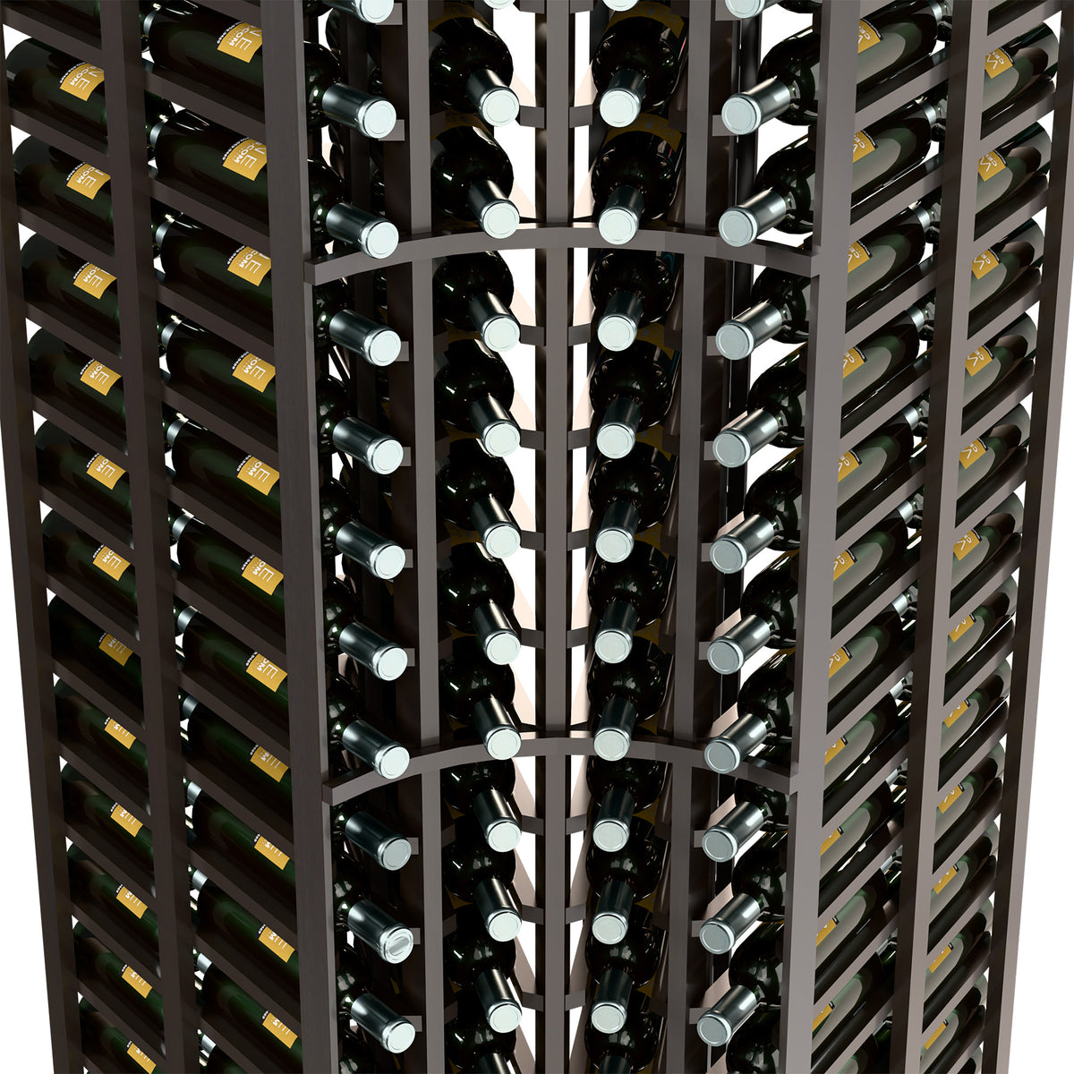 Double-deep wine rack close-up showing bottle cradles, dark wood frame
