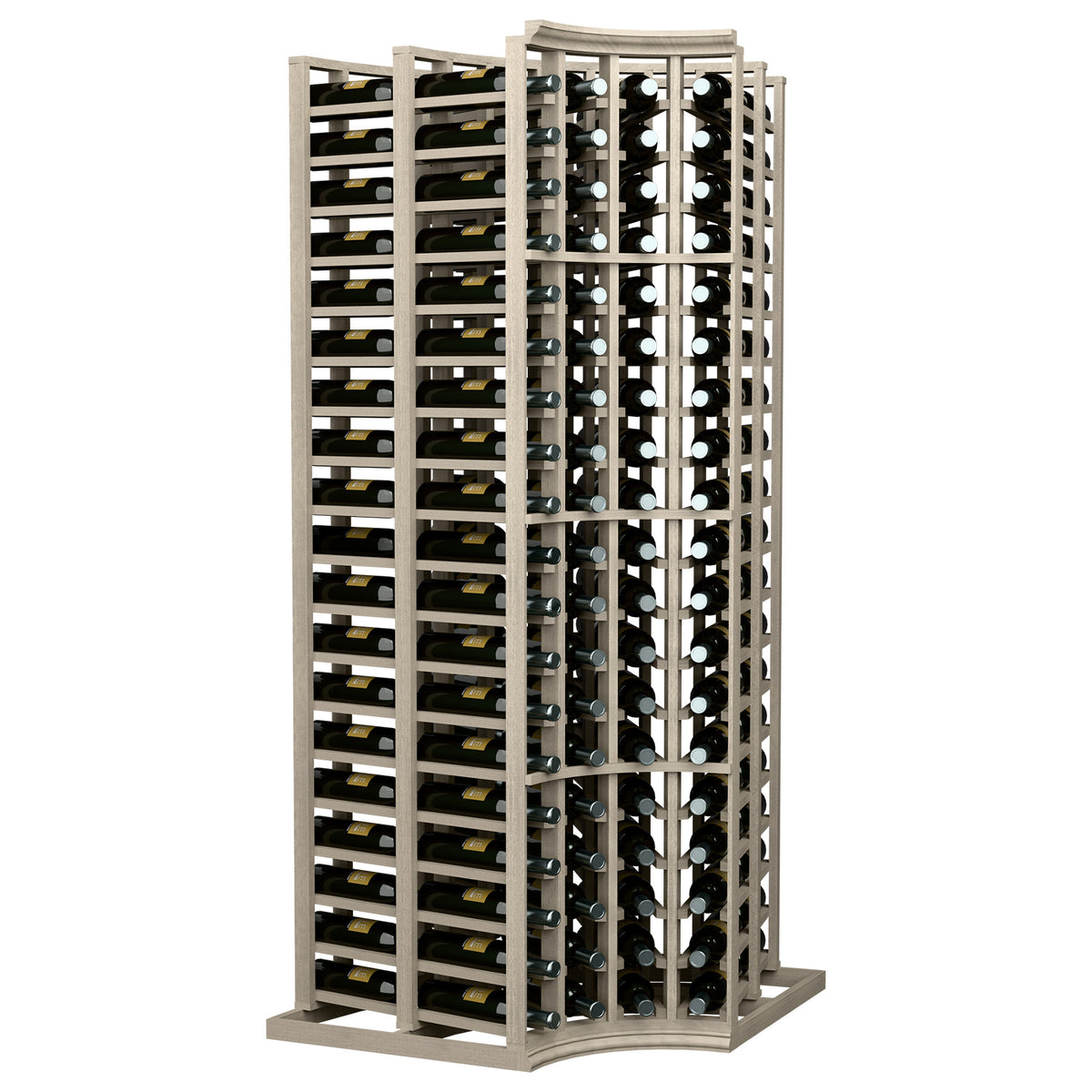 Wood wine bottle rack with 4 columns and curved corner, double deep storage