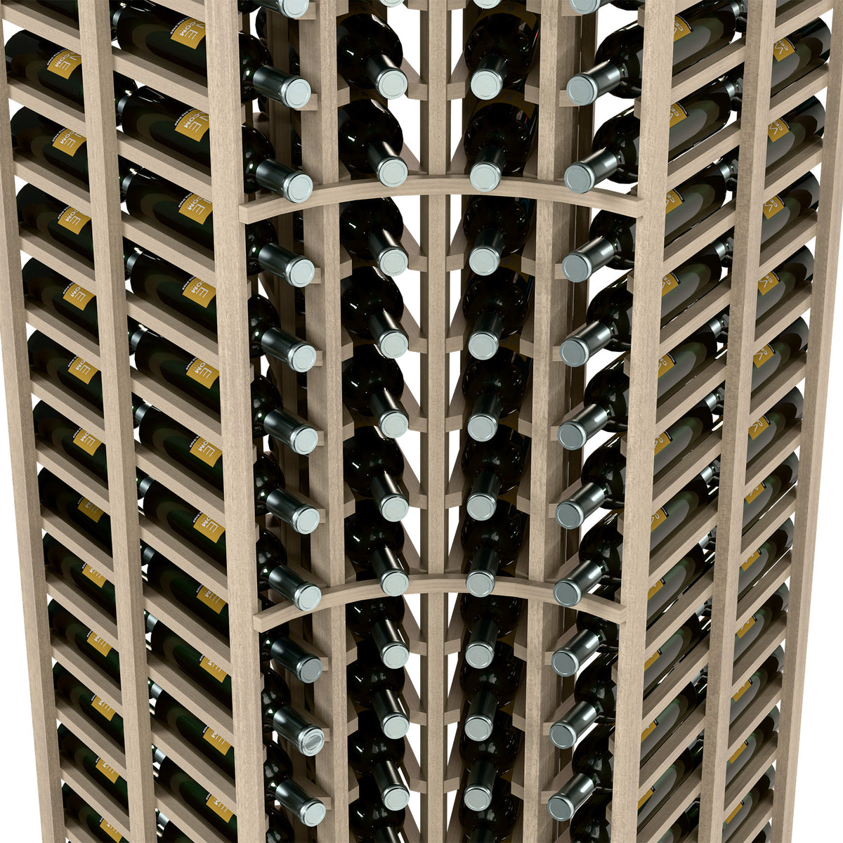 4-column curved corner wine rack showing bottle slots and metal bottle cradles