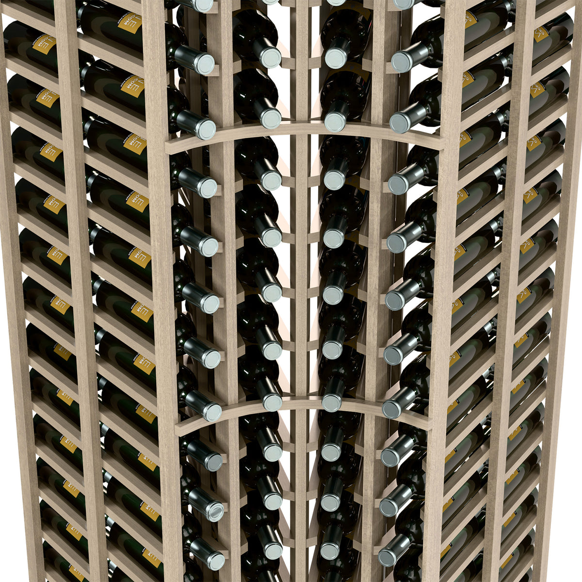 Curved corner double-deep wine rack with four columns, bottles in cubby slots