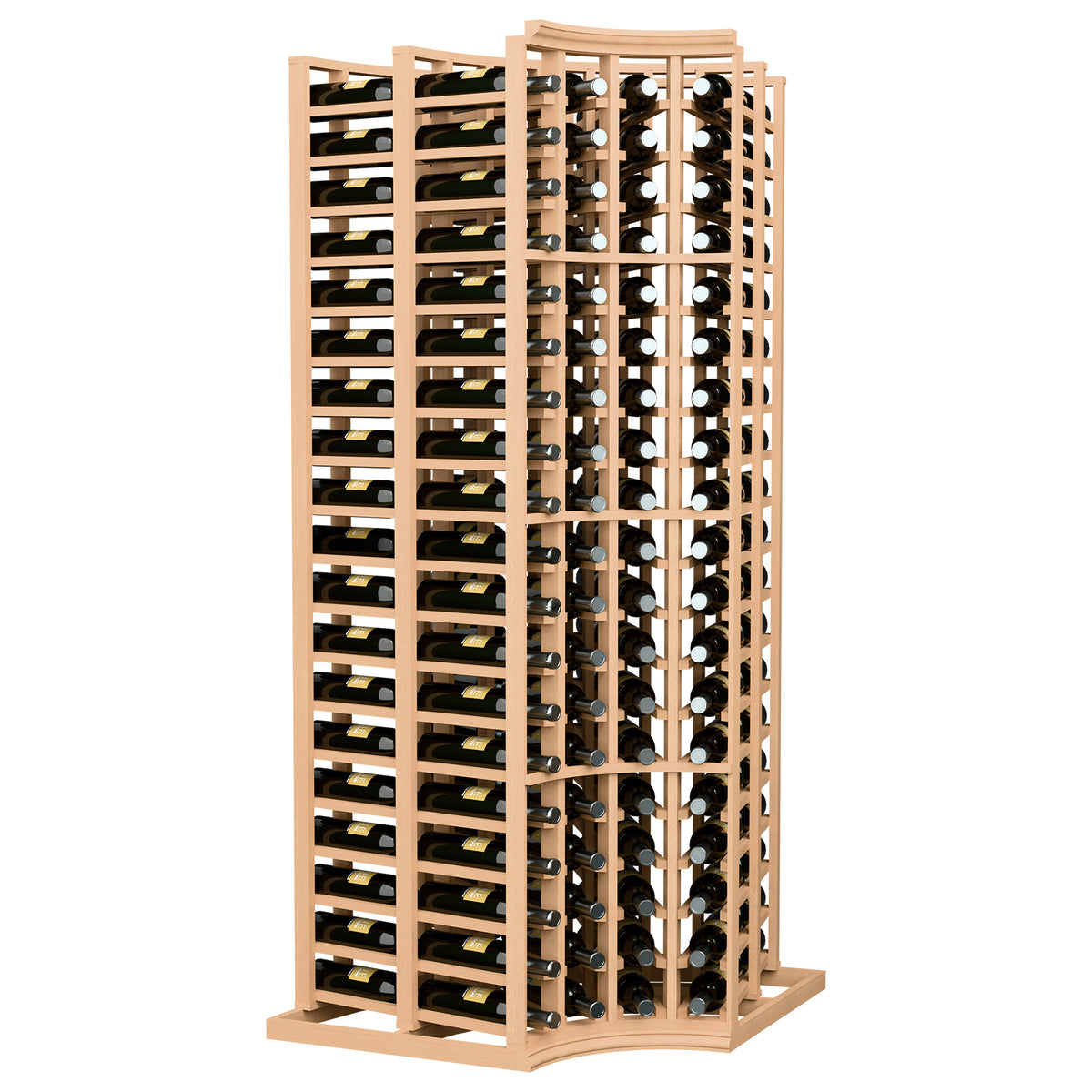 Wood wine bottle display rack, 4 columns with curved corner, double deep bays