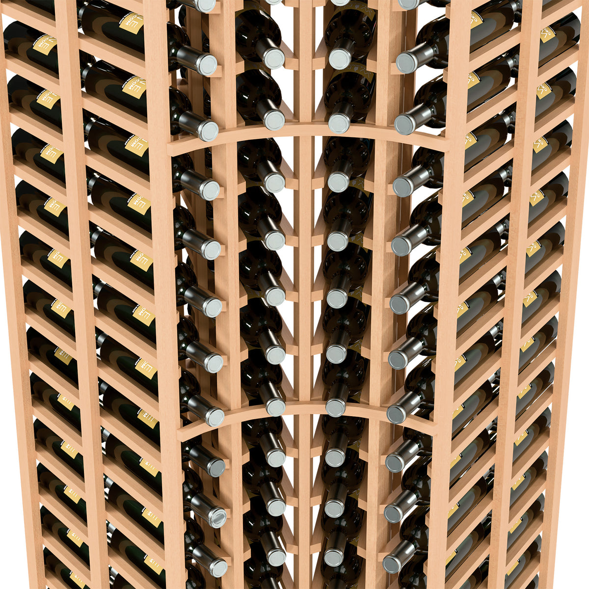 Light wood 4-column curved corner wine rack interior with bottle cradles and slots