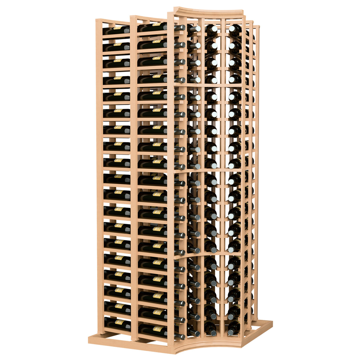 Wood wine rack with curved corner, four columns, and double deep storage design