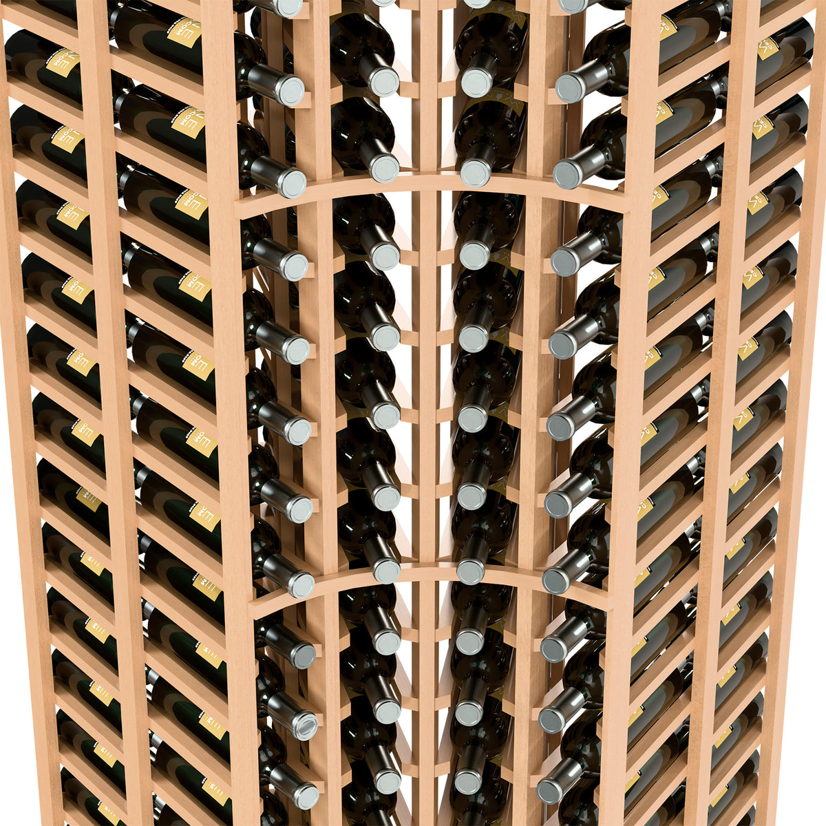 Close view of light wood curved corner wine rack with four columns of bottle slots
