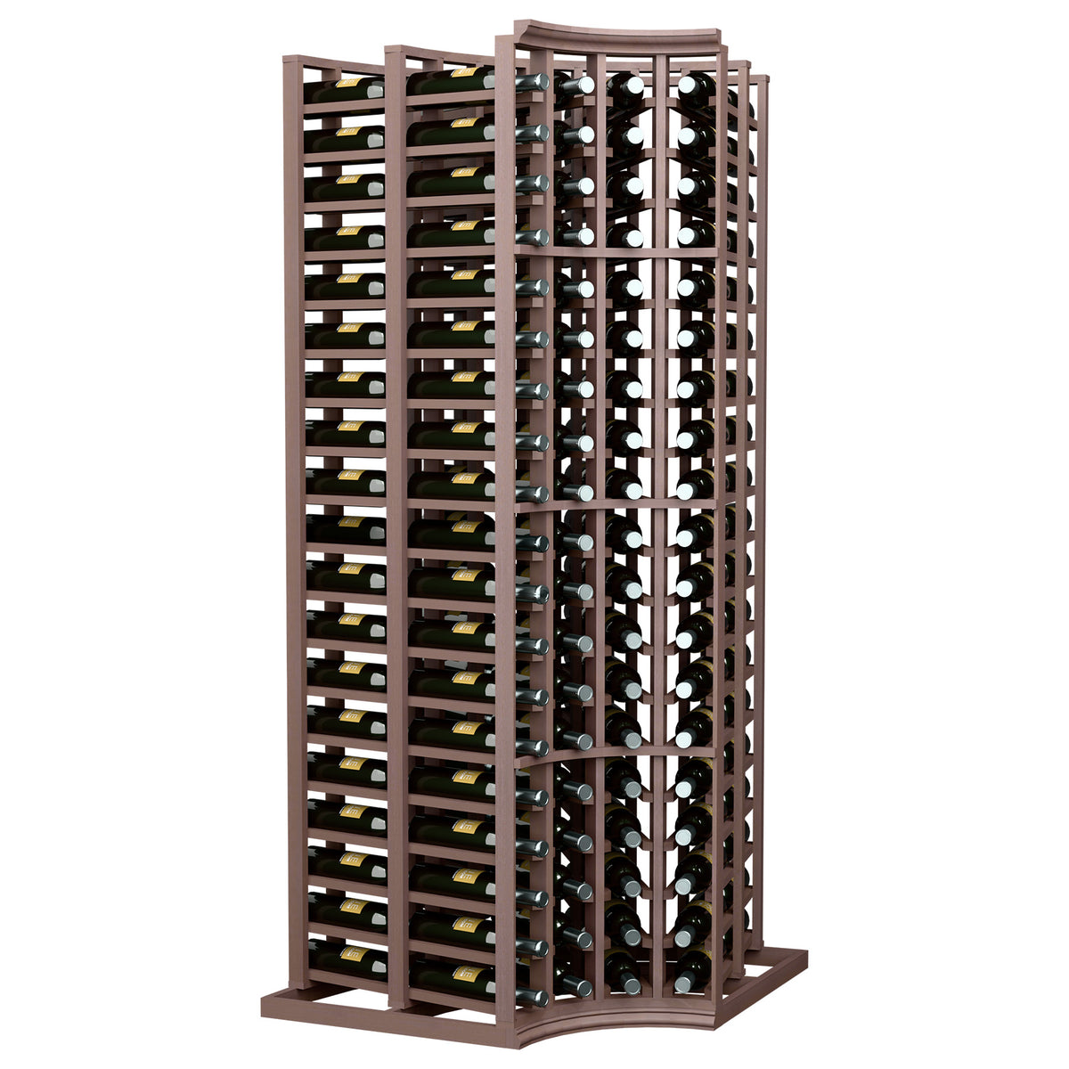 Dark wood wine bottle rack, 4-column curved corner, double deep bottle storage