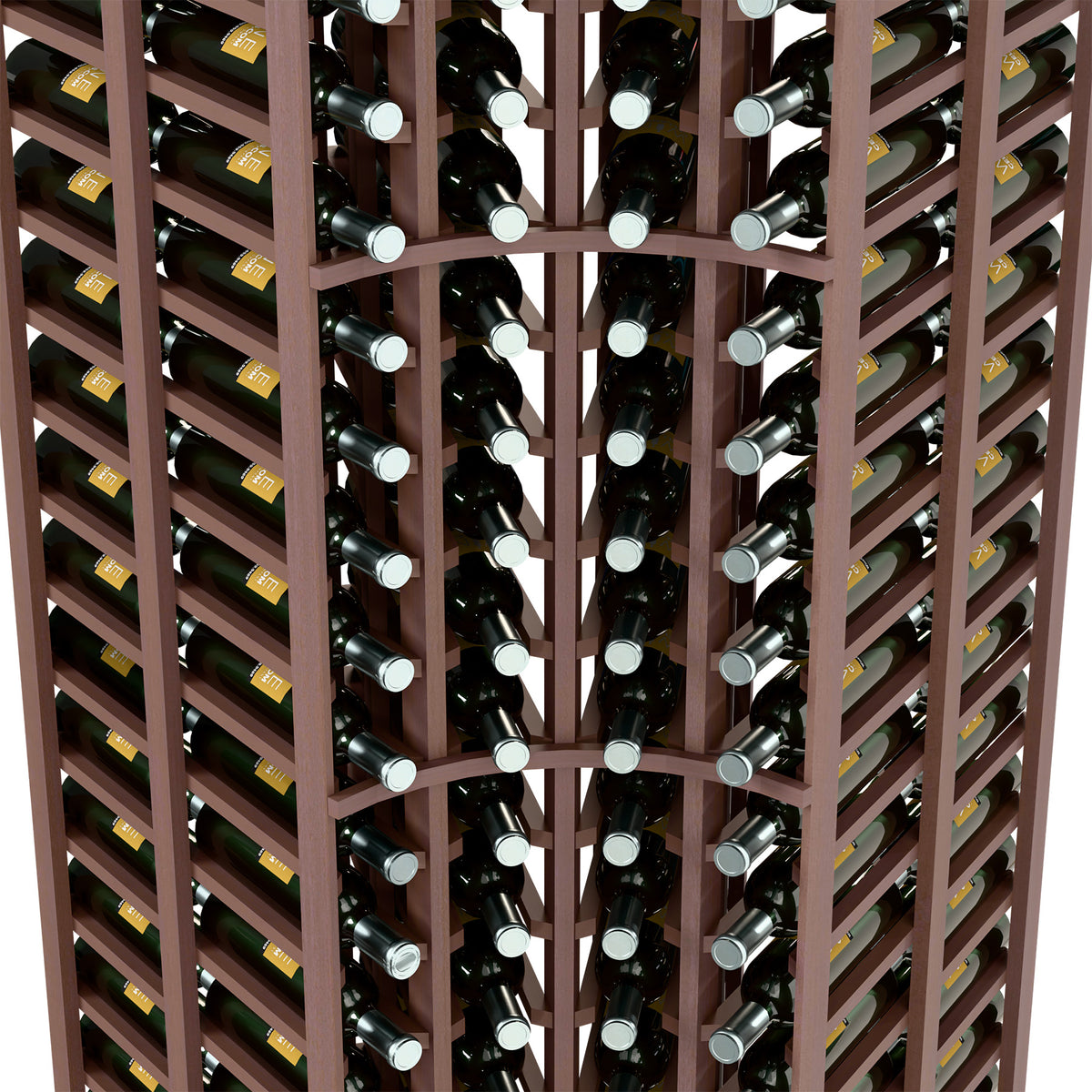 Dark wood 4-column curved corner wine rack interior showing bottle cradles
