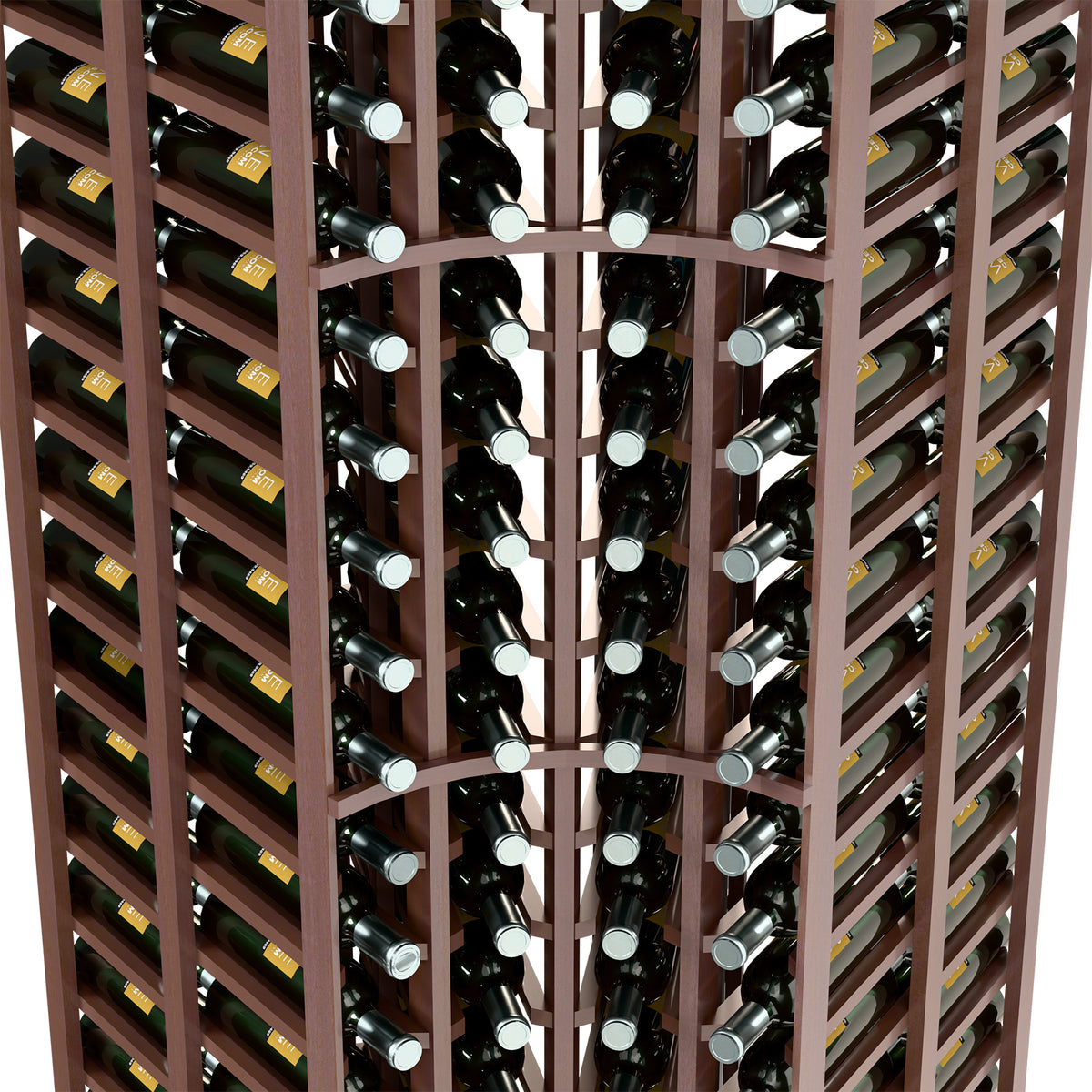 Curved corner double-deep wine bottle rack detail showing dark wooden slots and bottle rows.