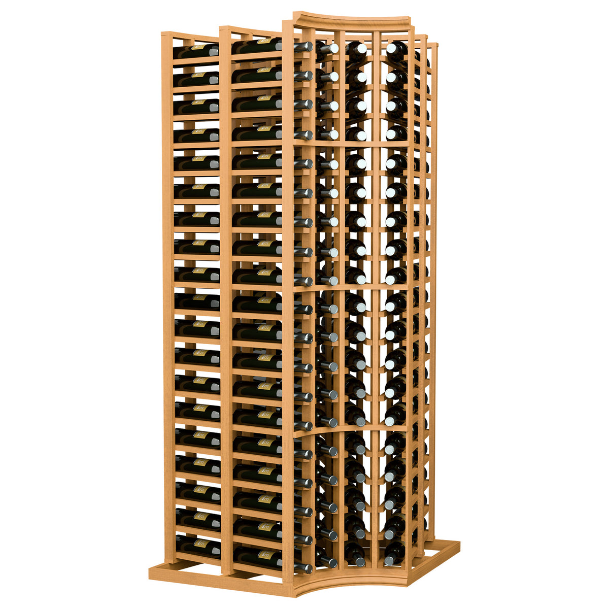 Curved corner double-deep wine bottle rack with light wood frame, 4 columns, holds bottles upright.