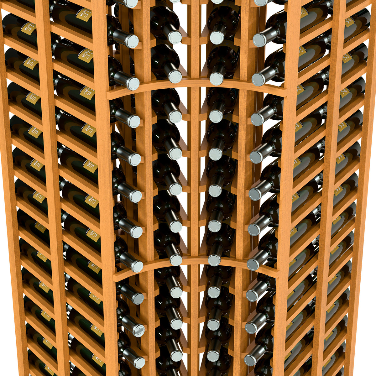 Curved corner double-deep wine bottle rack detail with light wood slots and bottle rows.