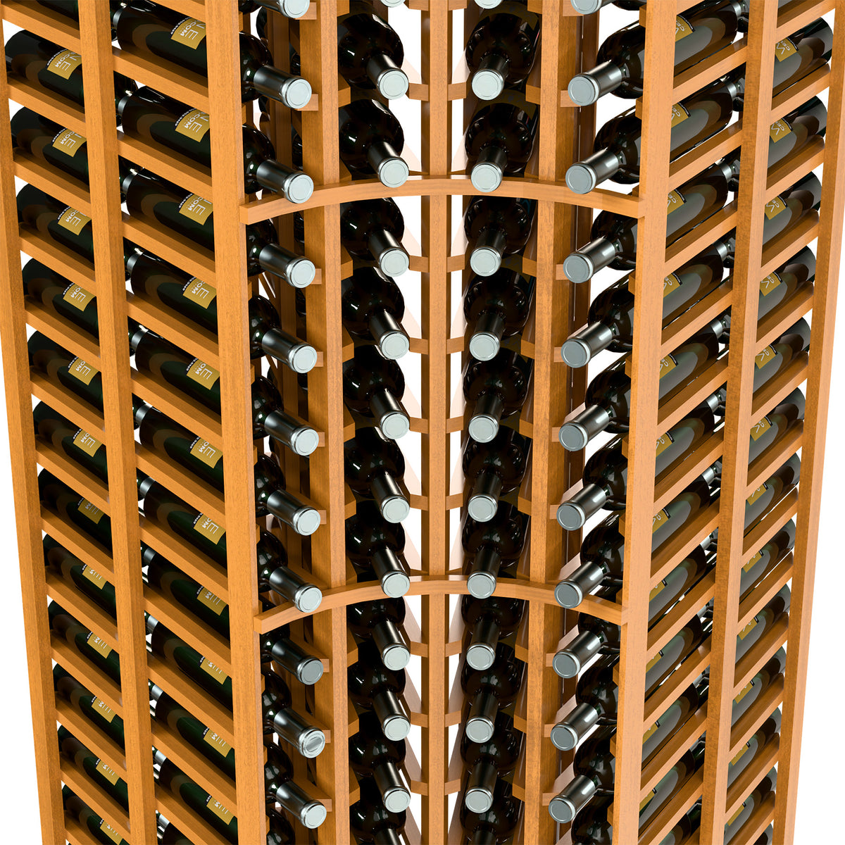 Curved corner double-deep wine bottle rack close-up with warm light wood slots and bottles.
