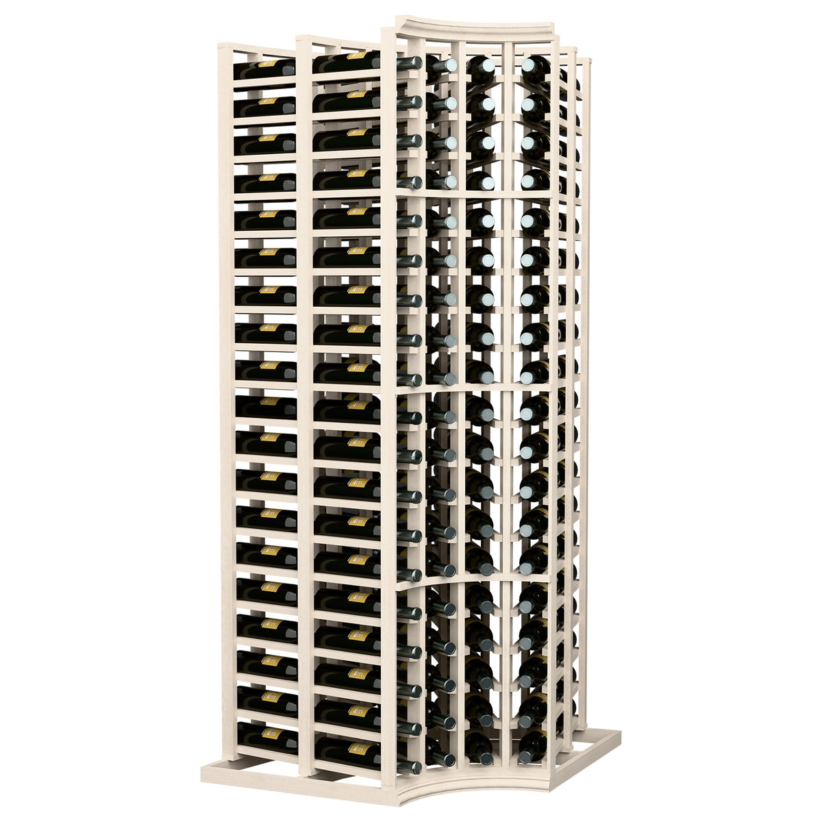 Curved corner double-deep wine bottle rack with pale wood frame, 4 columns, bottles in rows.