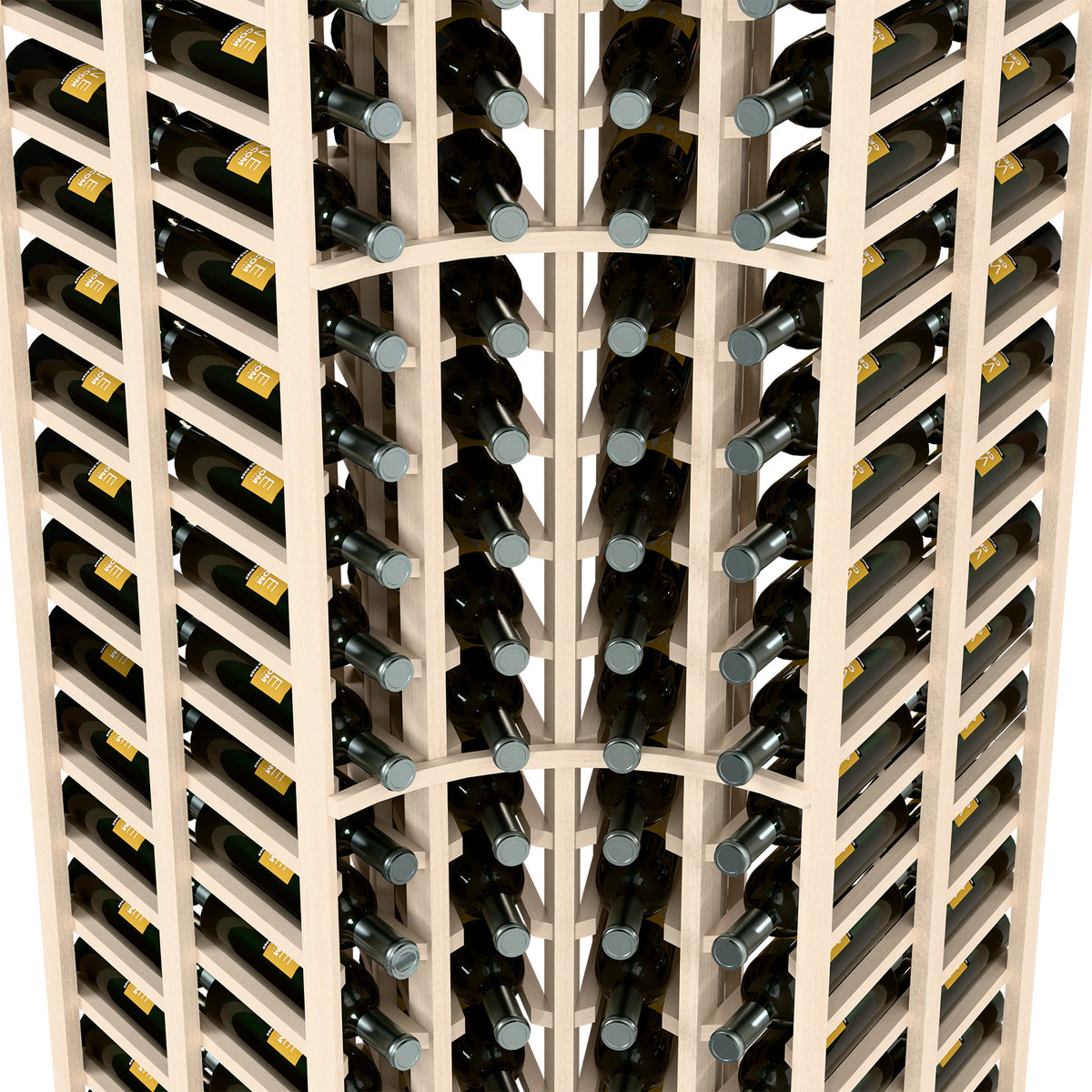 Curved corner double-deep wine bottle rack detail with pale wood slots and bottle storage.