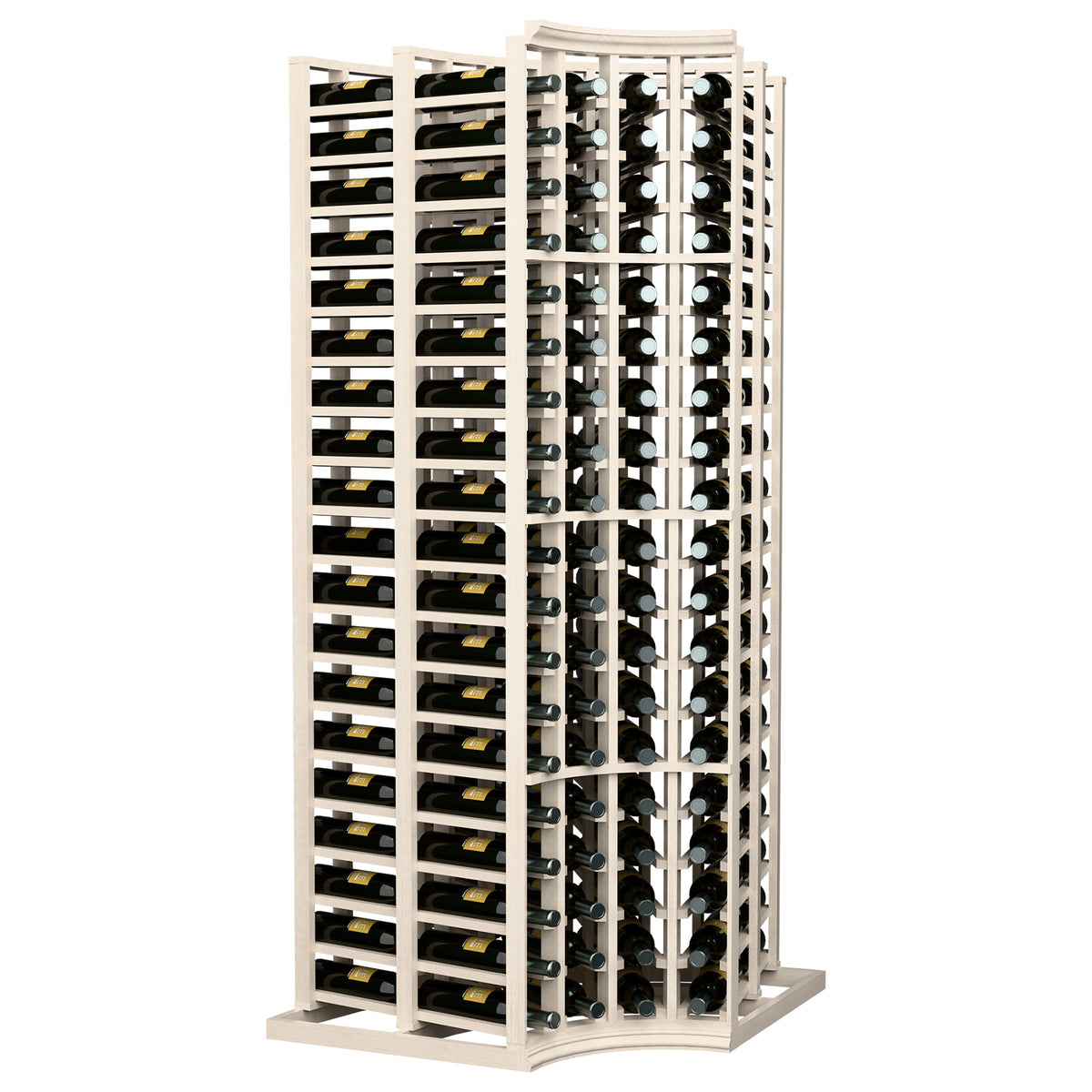 Curved corner double-deep wine bottle rack with whitewashed wood frame, 4 columns, upright bottles.