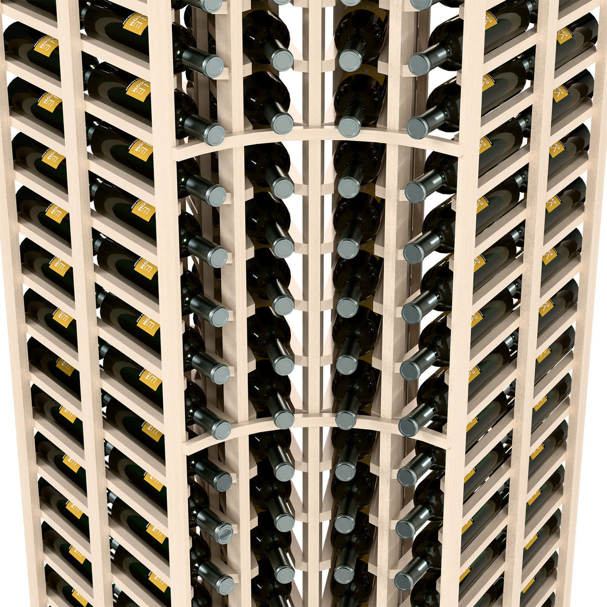 Curved corner double-deep wine bottle rack close-up with white frame slots and bottle rows.