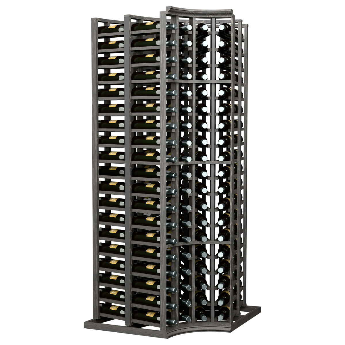 Double-deep corner wine bottle rack with four columns, black frame, curved top