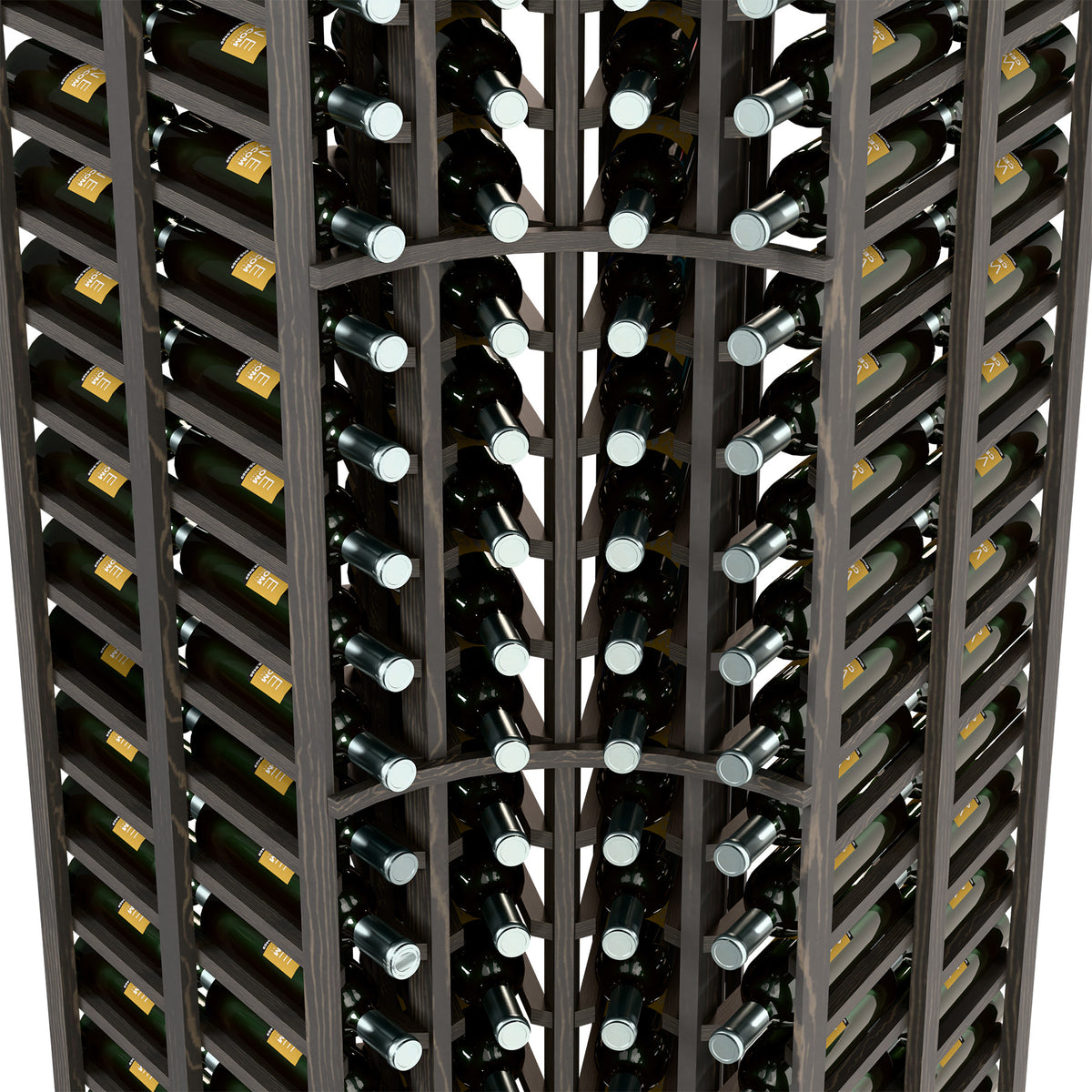 Close-up of black corner wine rack slots holding dark wine bottles with silver caps