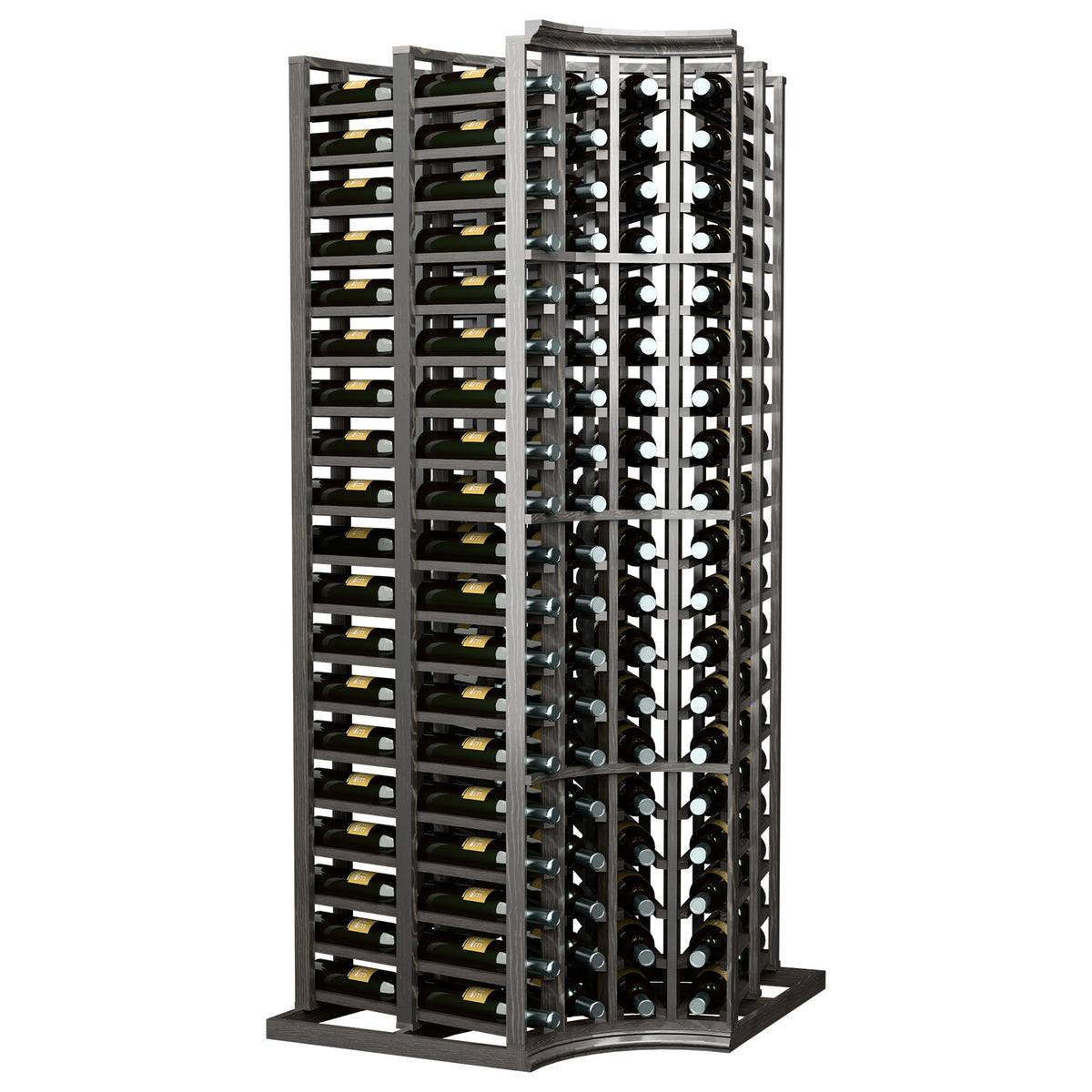 Four-column double-deep corner wine rack, black frame with curved edges