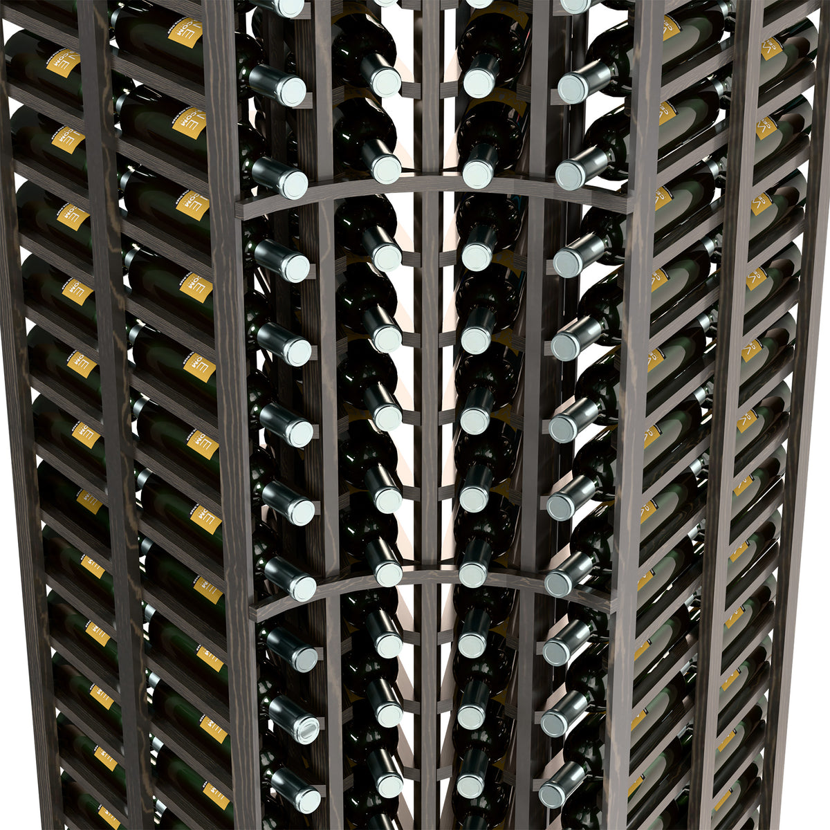 Front close-up of black double-deep wine rack with bottle slots and central divider