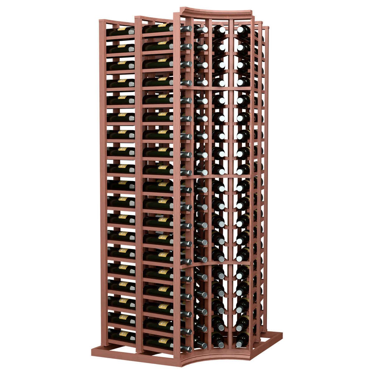 Double-deep corner wine bottle rack with four columns, red-brown frame and curved top