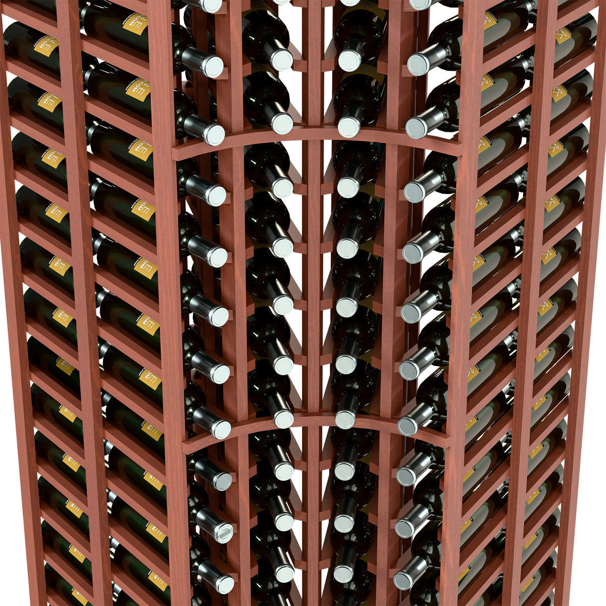 Close-up of red-brown wine rack holding dark wine bottles with silver caps