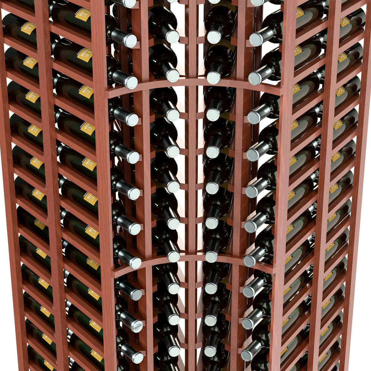 Front close-up of red-brown corner wine rack with bottle slots and dividers