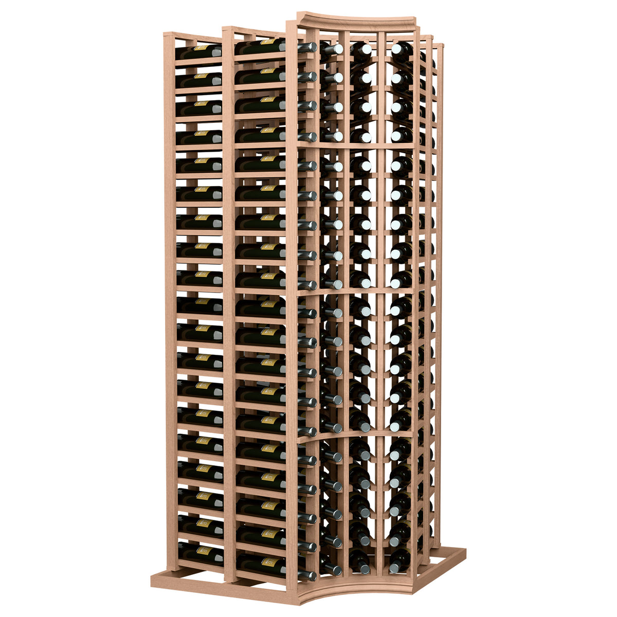 Four-column corner wine bottle rack, red-brown frame with curved base