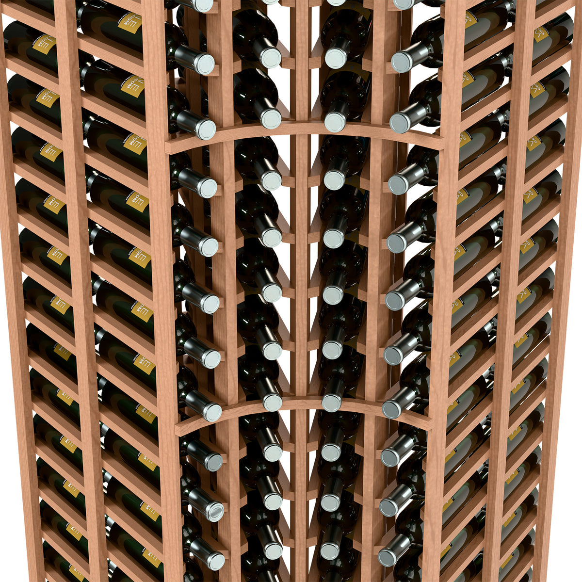 Close-up of red-brown double-deep wine rack slots holding dark bottles with caps