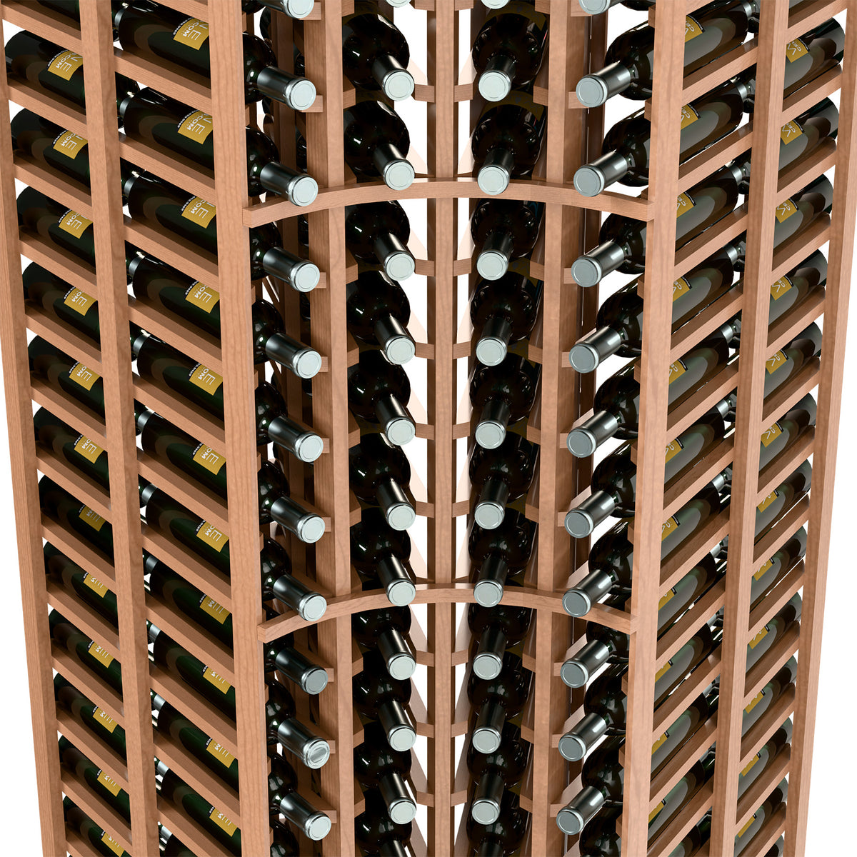 Wine bottle rack interior, light wood frame with two-sided bottle rows at corner.