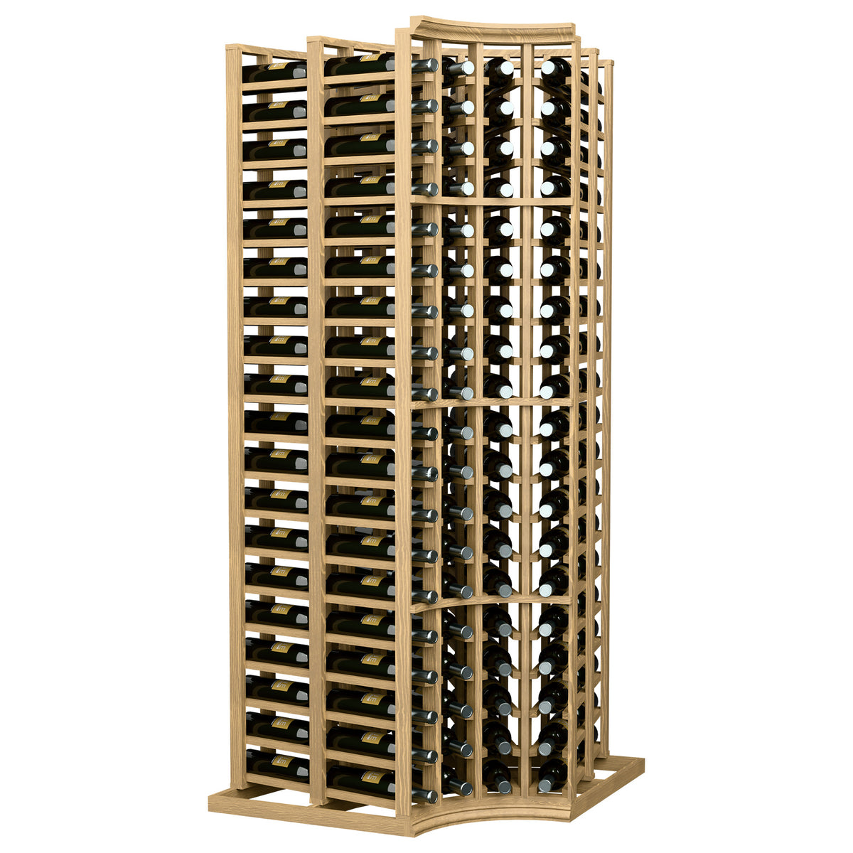 Wine bottle rack, light wood double-deep curved corner with bottles on shelves.