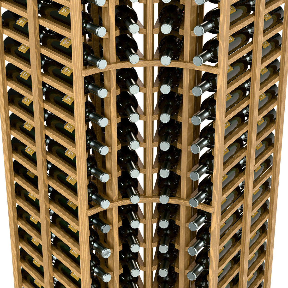 Wine bottle rack interior view, light wood frame holding bottles in curved corner.