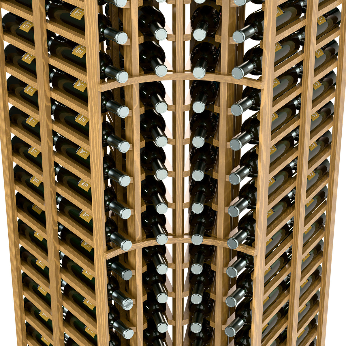Wine bottle rack interior, light wood shelves holding dark and pale wine bottles.