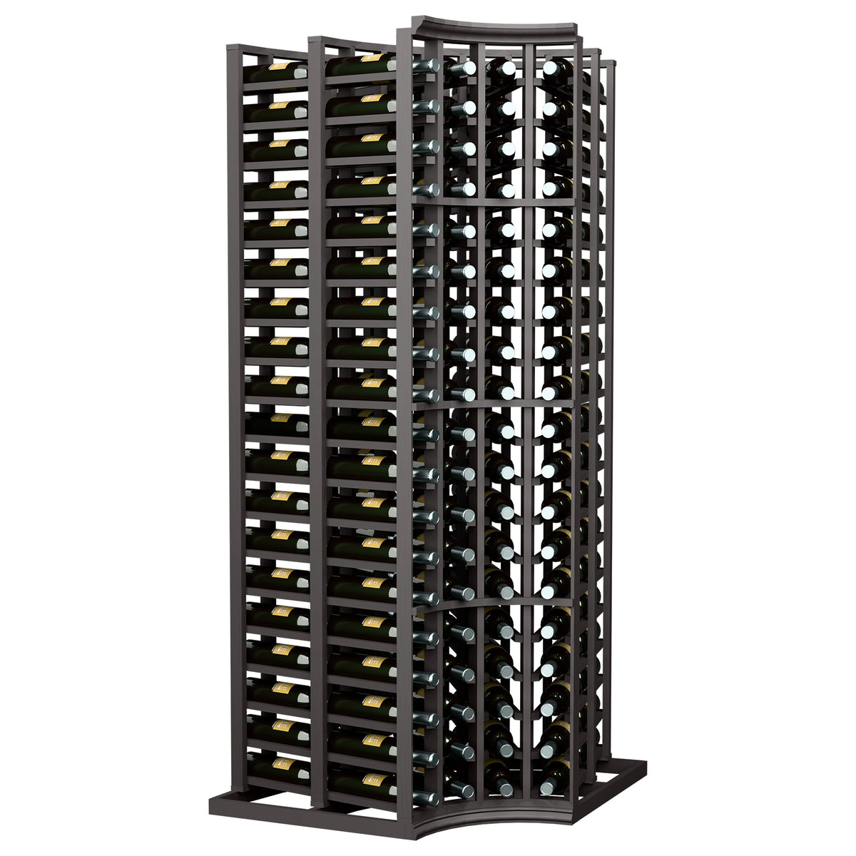Wine bottle rack, dark stained curved corner, double-deep shelves holding bottles.