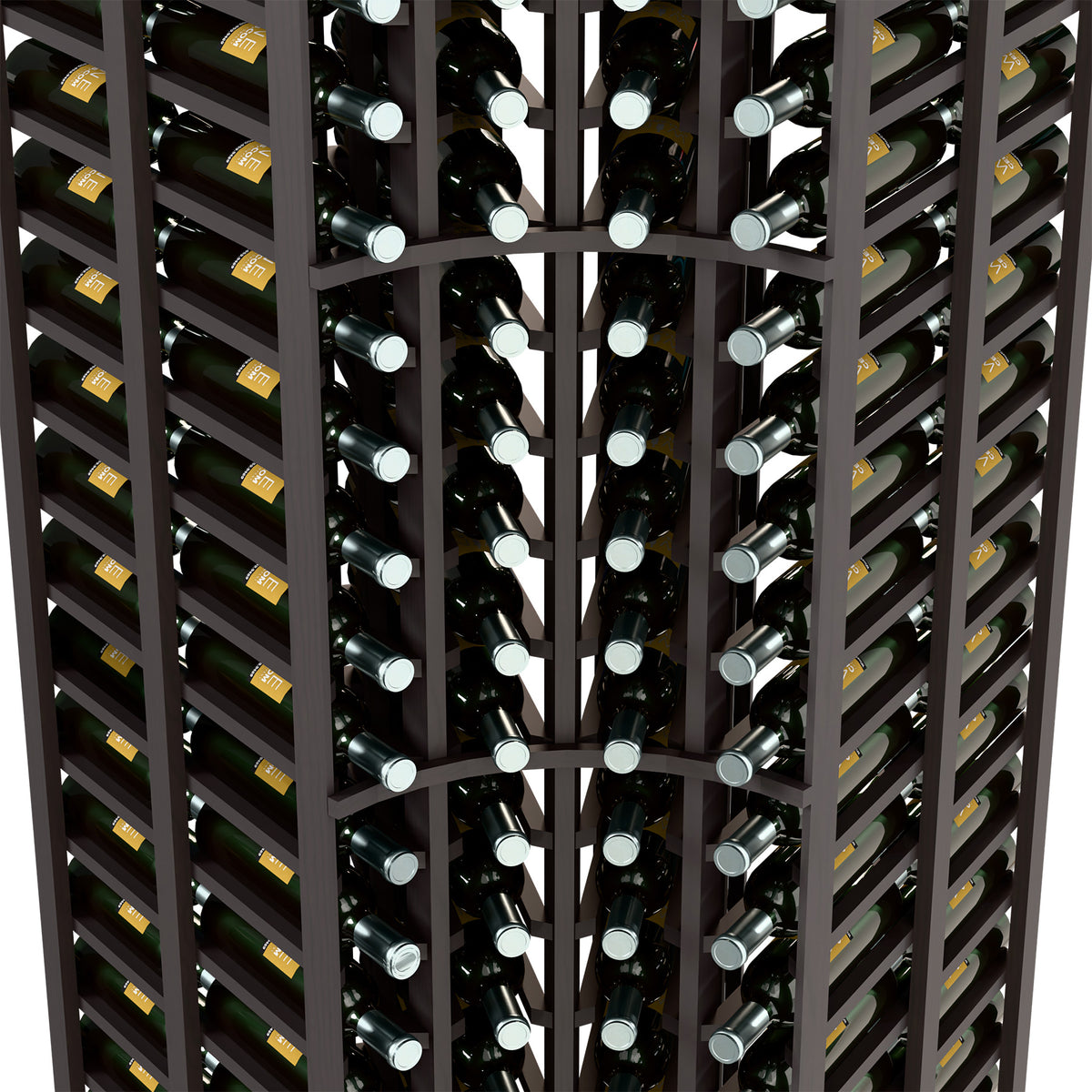 Wine bottle rack interior, dark frame with two-sided bottle rows and curved corner.