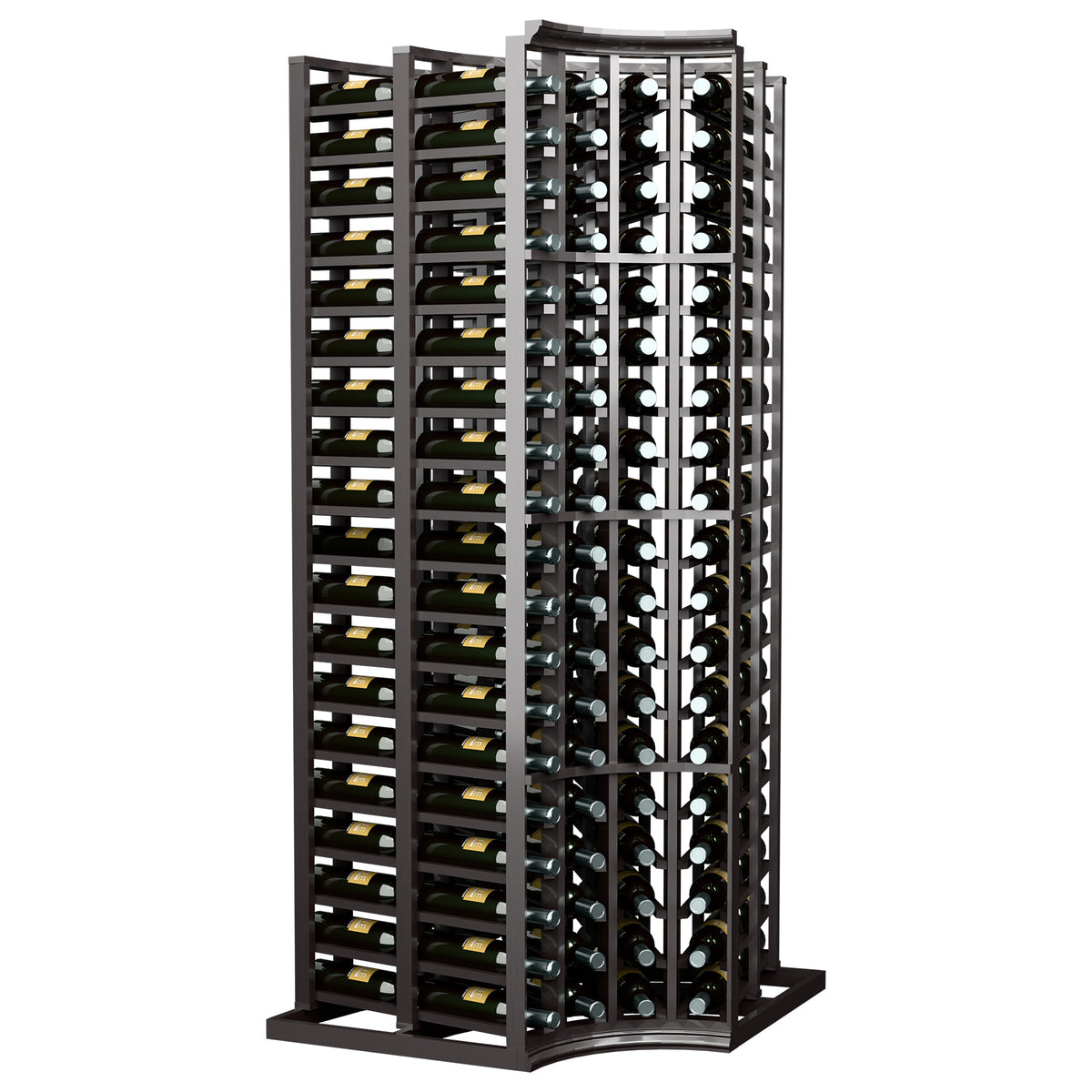 Freestanding wine bottle rack, dark finish, curved corner shelves with bottles.